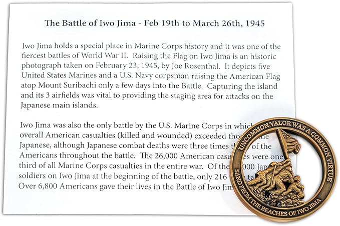 Marine Corps Iwo Jima USMC Challenge Coin with Actual Sands of Iwo Jima - Marine Corps Gifts Disabled Vet Owned Business - Iwo Jima Coin