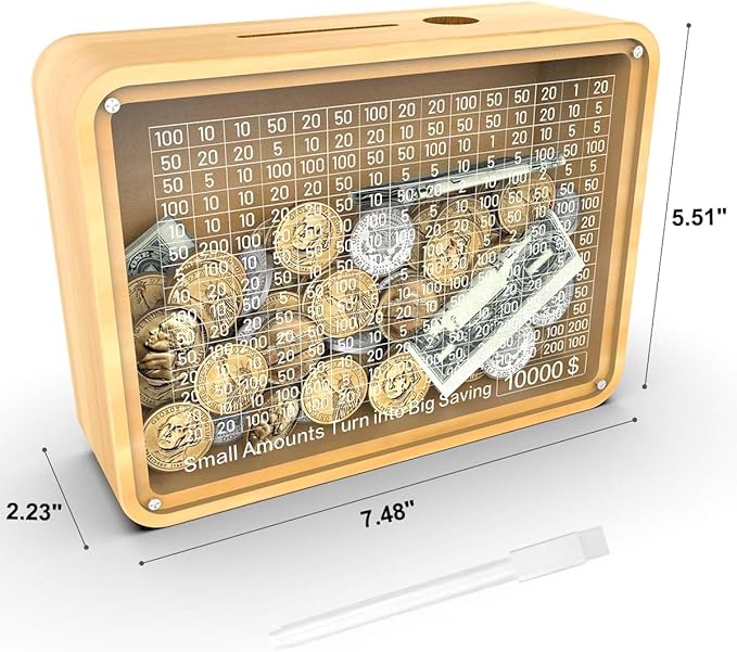Piggy Bank for Adults Kids, Wooden Coin Bank for Boys and Girls, Cash Vault Money Saving Box with Counter $10000 Savings Challenge Money Box with Money Target and Numbers (Acrylic $10000)