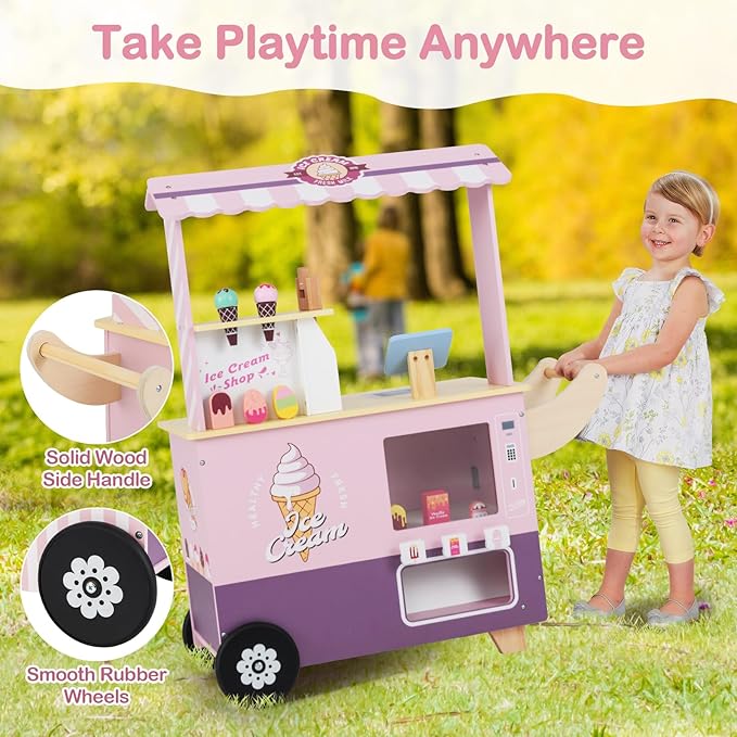Costzon Ice Cream Cart, Wooden Grocery Store w/Vending Machine, Play Food, Display Rack & Shelves, Swivel Wheels, Push Handle, Ice Cream Truck, Market Stand Pretend Playset for Kids Ages 3+ (Pink)