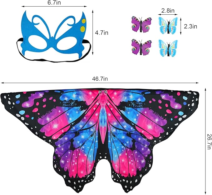 Butterfly Costume for Girls Fairy Wings Kids 4 Pcs(Cape,Skirts,Masks,Hair Clips) Butterfly Wings for Halloween Gifts