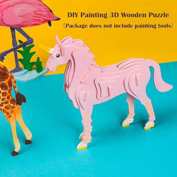 Georgie Porgy 3D Wooden Puzzles for Kids Toys Construction Woodcraft Kits DIY Model Puzzle Kits Birthday Gifts Pack of 6 (Bee Owl Butterfly Unicorn Sea Turtle Dolphin)