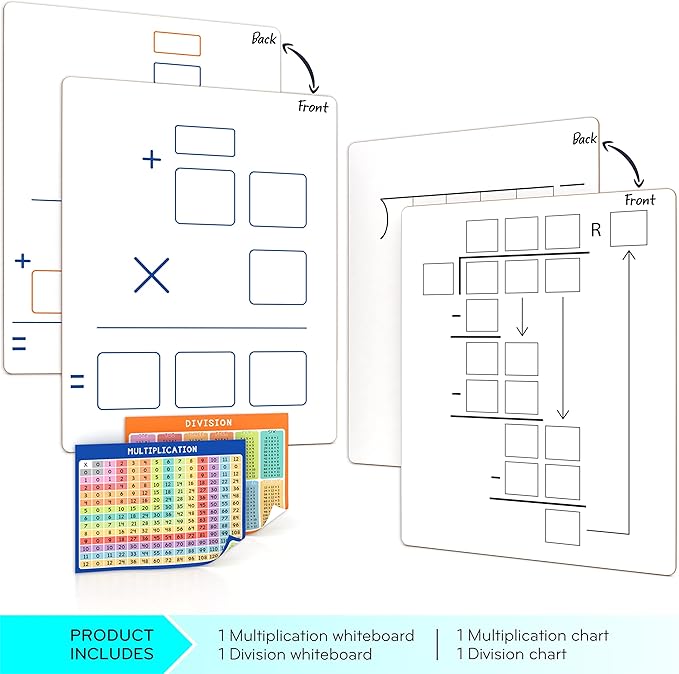Dry Erase Multiplication & Division Board 9"x12" Double Sided Practice Whiteboard with 2x1 & 2x2 Digit Multiplication for Home, School, Classroom, Kids, Students Math Manipulatives Lapboard