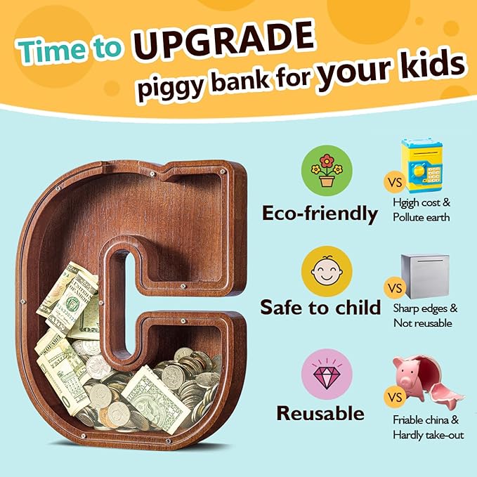 Summidate Customized Name Extra Large Wooden Piggy Bank for Kids Boys Girls Alphabets Letter A-Z Coins Bills Money Change Saving Box Clear Cover (Laser Engraved) Educational Toys 12"- Letter C