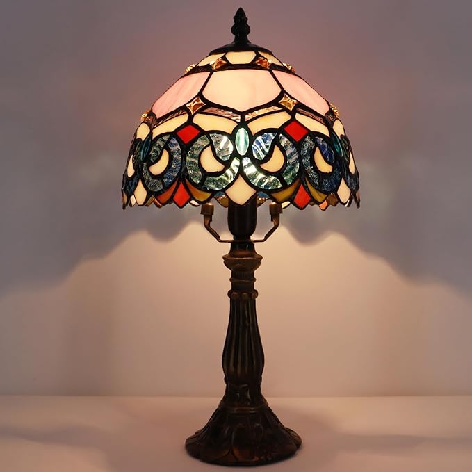 Small Tiffany Lamp Mini Accent Table Lamp Stained Glass Desk Memory Lamp Sympathy 8X14.5 Inch (Pink Baroque Style)