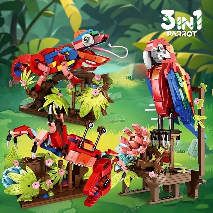 Animal Flowers Building Set for Kids 6+, 3 in 1 Transforms to 3 Different Animal Figures - from Colorful Parrot, to Lifelike Chameleon, to Cute Crab- Perfect for Home Decor & Creative Gifts（538 PCS）