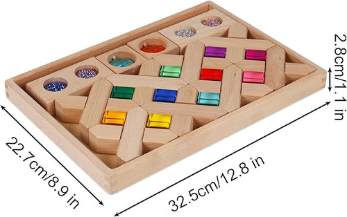 22PCS Wooden Cross Shape Blocks with Colorful Acrylic, Sparkling Square Monochrome Kaleidoscope Gem Educational Construction Toy for Toddlers (22PCS Fence Mixed)