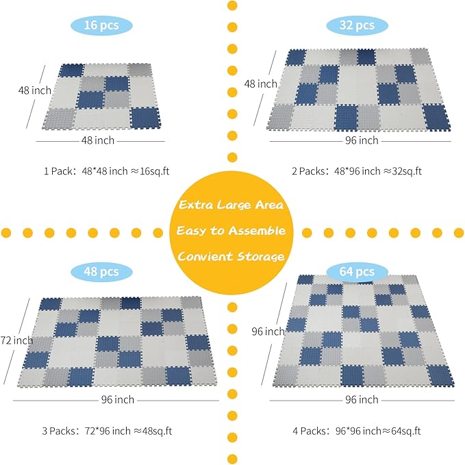 Foam Play Mat for Toddlers, EVA Non-Toxic Interlocking Floor Mats with Solid Colors, Squares Baby Play Mat, EVA Foam Floor Mat Foam Mats for Kids, Baby, 16 Tiles(White/Light Gray/Dark Blue)
