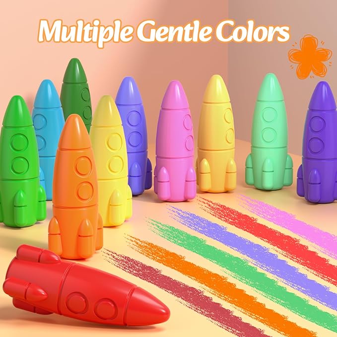 24 Colors Crayons for Toddlers, Non-Toxic Washable Rocket Crayons, Easy-to-Hold Coloring Gifts & Mess-Free Art Supplies for Little Hands