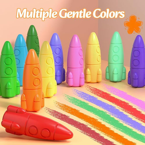 24 Colors Crayons for Toddlers, Non-Toxic Washable Rocket Crayons, Easy-to-Hold Coloring Gifts & Mess-Free Art Supplies for Little Hands