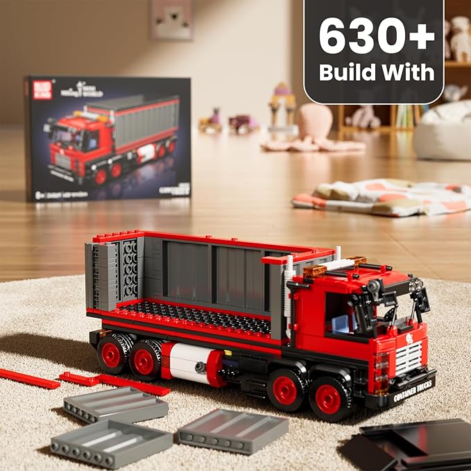 Mould King Red Container Truck Building Set, Toy Realistic American Style Trucks for Boys Aged 8+, 24069 Realistic Trailer Car Model with Detailed Interior, Collectible Blocks for Adults (630 Pieces)