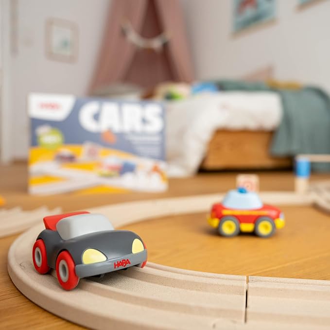HABA Cars - My First Racetrack, 27 Piece Sustainable Kids' Race Track Set, Battery-Free Push and Go Cars, Ideal STEM Toys for Toddlers Ages 2+