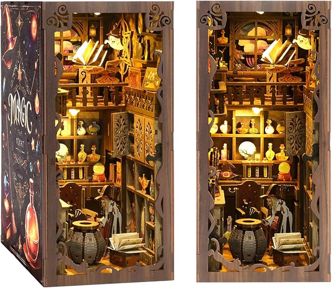 Book Nook Kit - DIY Miniature Dolls House Kit with Furniture and LED Light, 3D Puzzle Wooden Art Bookends, Model Kits for for Adults and Teens (Magic Night)