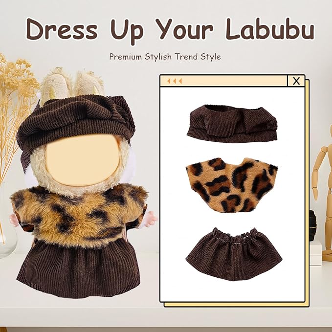 17cm Doll Clothes Set, Premium Jeans & Knitted Sweater Outfit for 17cm 15cm Dolls, Cute Dress Up Fashion, No Doll Included (Leopard, 17cm/15cm)