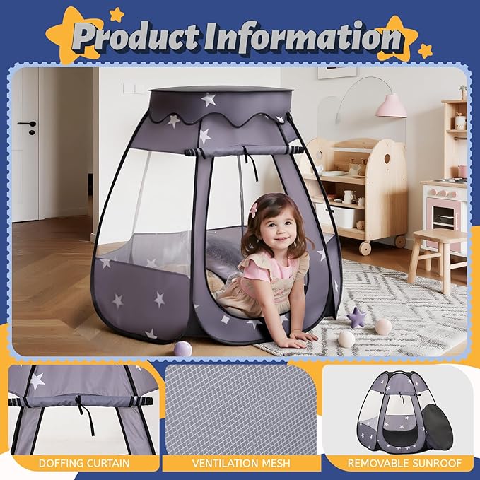 Pop Up Play Tent with Star Light：Neutral Toy for Boy Girl Birthday Gifts, Portable Ball Pit with Outdoor Carry Bag, Collapsible Kids Tent for Toddler Indoor Activity Playhouse,NO Balls(Black)