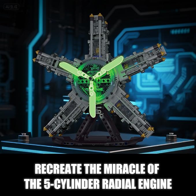 5-Cylinder Radial Engine Building Set, Build Your Own Mini Military Plane Engine Model Kit That Runs, Compatible with Lego WW2, STEM Toy Gifts for Adults & Kids Boys 8-14 (863 PCS)