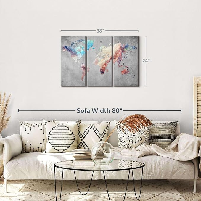ElephantStock Artistic Touch World Map Multi Piece Canvas - 3 Panel Wall Decor - Map of the World Art - Canvas for the Office and Home - 38" X 24"