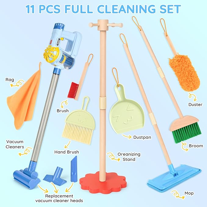 Dreamon Wooden Toddler Cleaning Set - 11Pcs Kids Cleaning Toy Set with 3-in-1 Kids Vacuum That Really Works, Montessori Cleaning Toys with Broom and Mop Set for Toddlers Girls Boys Age 3-6
