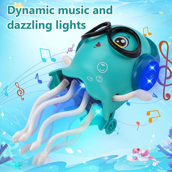 Magic Dancing Octopus Toy with Music and LED Lights, Rechargeable Electric Crawling Jellyfish for Kids Age 3+, Smart Obstacle Avoidance Musical Toy, Birthday Gift for Boys and Girls (Green)