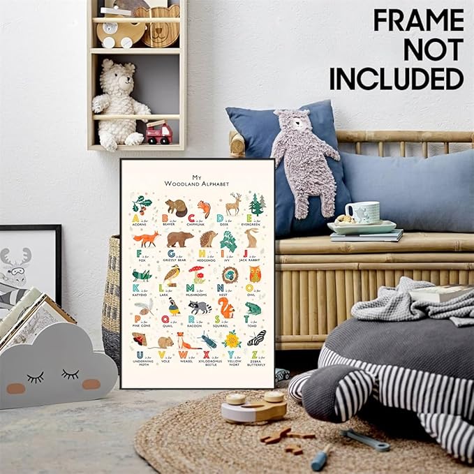 Alphabet Poster - Woodland Animal ABC Letters for Toddlers 1-3, Classroom & Nursery Wall Art, 16x24in Unframed