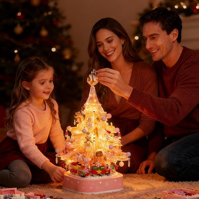 Christmas Tree Building Blocks Set, 675 PCS Pink Crystal Music Box with LED Light Adult Idea Kids Girls Toy 8-12