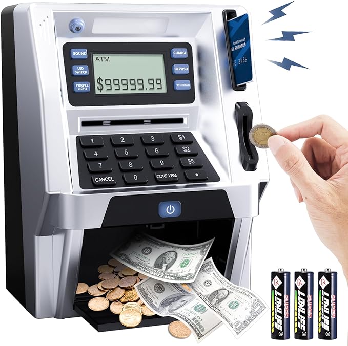 Blingbin Upgraded ATM Piggy Bank for Kids, ATM Bank Machine for Real Money with Debit Card, Bill Feeder, Coin Recognition, Balance Calculator, Electronic Saving Safe Machine Box for Boys Girls Gift