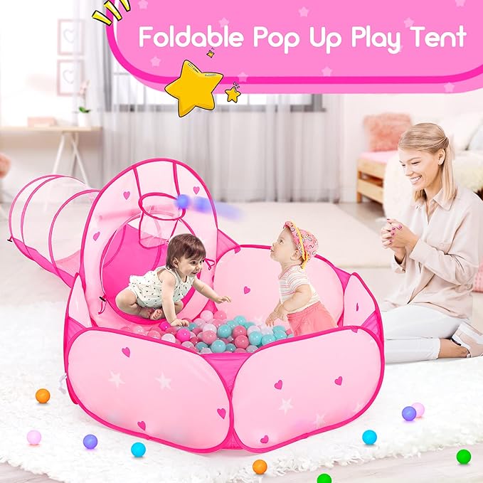PigPigPen 3pc Kids Play Tent for Girls with Ball Pit, Crawl Tunnel, Princess Tents for Toddlers, Baby Space World Playhouse Toys, Boys Indoor& Outdoor Play House, Perfect Kid’s Gifts