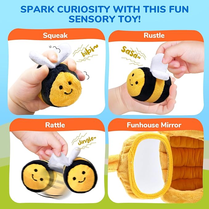 JoyCat Baby Toys 6-12 Months - Soft Baby Beehive with 5 Sensory Bees - Rattle, Crinkle Paper, Squeaker, Mirror, Busy Montessori Soft Toys for Toddlers 0-3 Years Old - Baby Christmas Birthday Gift