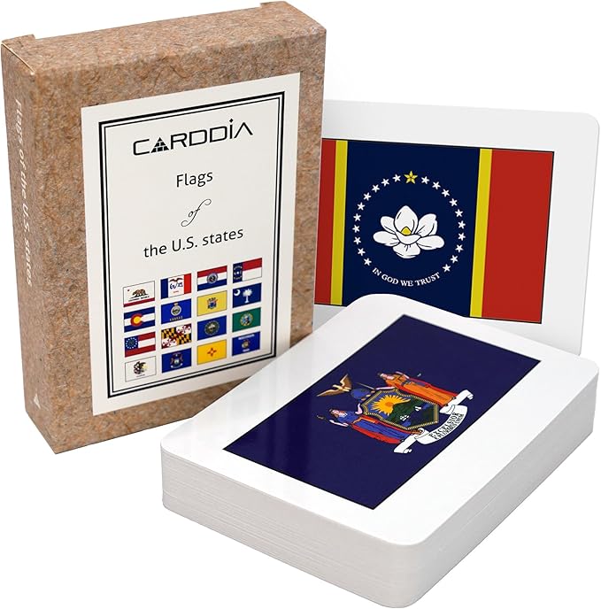 CARDDIA | U.S. State Flags Flashcards | 50 States with Names, Abbreviations, Capitals & Facts | Educational & Durable | Geography Learning Gift for Kids & Adults