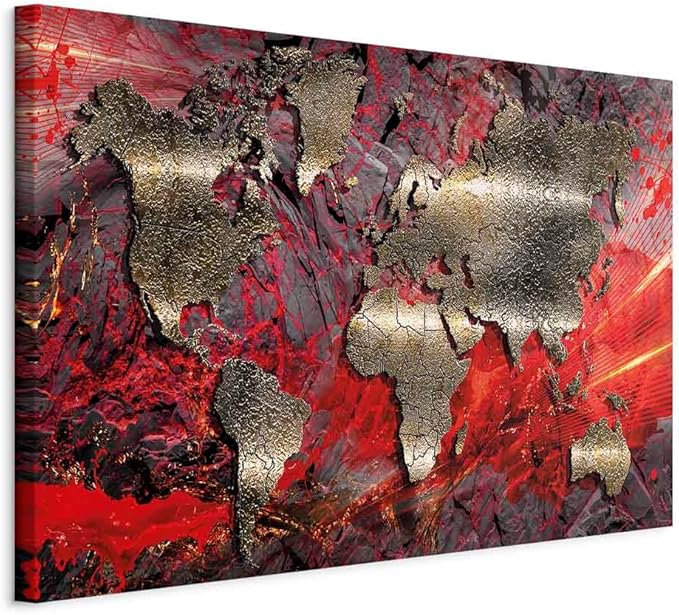 artgeist Canvas Wall Art World Map 35x24 in - 1pcs Home Decor Framed Stretched Picture Photo Painting Artwork Modern Art Image - Abstract Continents Map World Map Red k-A-0505-b-d
