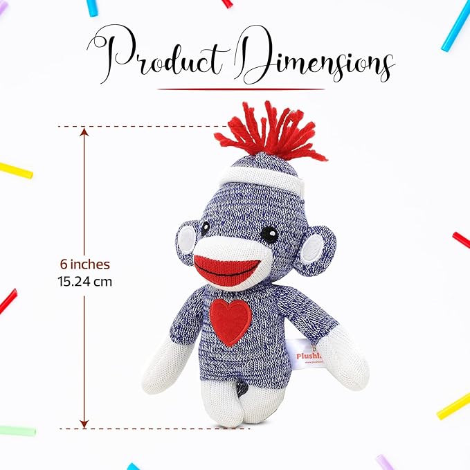 Adorable Sock Monkey 6 Inches, The Original Traditional Hand Knitted Stuffed Animal Toy Gift-for Kids, Babies, Teens, Girls and Boys Baby Doll Present Puppet (Blue)