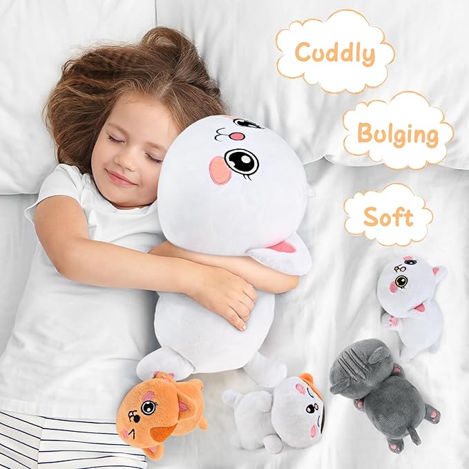 KMUYSL Cat Stuffed Animals Toys for Ages 0 1 2 3 4 5 6 7 8+ Years Old Kids - Mommy Cat with 4 Baby Kitty in Her Tummy, Idea Xmas Birthday Gifts for Baby, Toddler, Girls, Boys