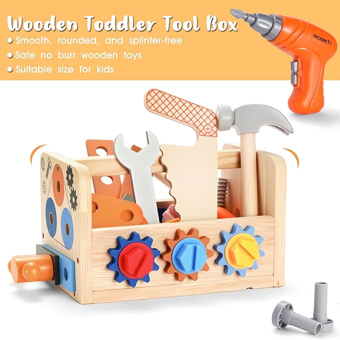 REXBETI Kids Tool Set, 43Pcs Wooden Toddler Tool Bench with Electric Drill, Apron and A Pack Stickers(50pcs), Montessori Construction Toddler Tool Set
