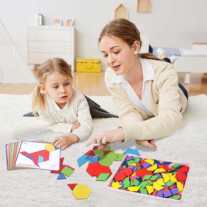 3 otters Wooden Pattern Blocks Shapes for Kids, Geometric Tangram Puzzle with Activity Cards, 150 PCS Educational Toy