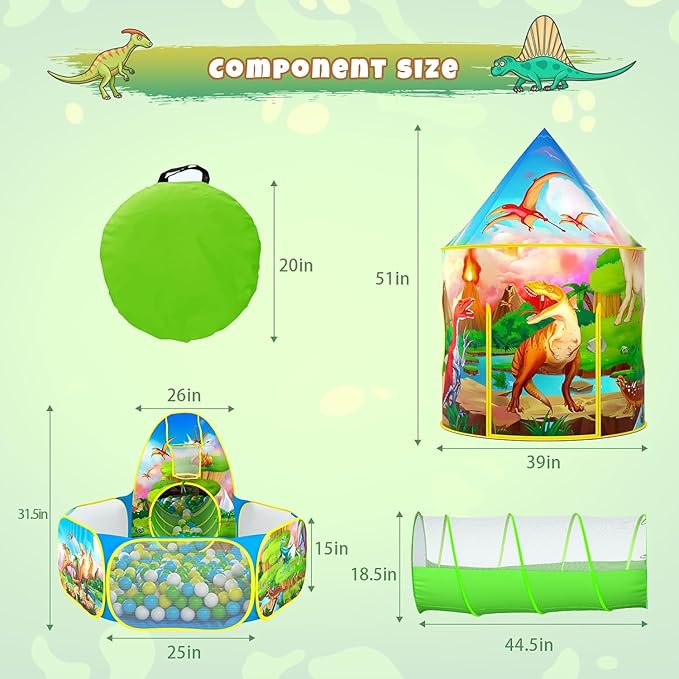 3PC Dinosaur Play Tents for Boys with Piano Mat, Kids Play Tent with Ball Pit, Crawl Tunnel, Castle Tent for Toddlers, Baby Dinosaur World Playhouse Toys
