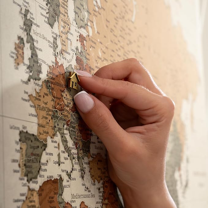 Canvas World Map with Cork Pin Board - English Lettering - Decorative Wall Decoration for All Rooms - Canvas Pictures with World Map Motif (90x60 cm, Pattern 2)