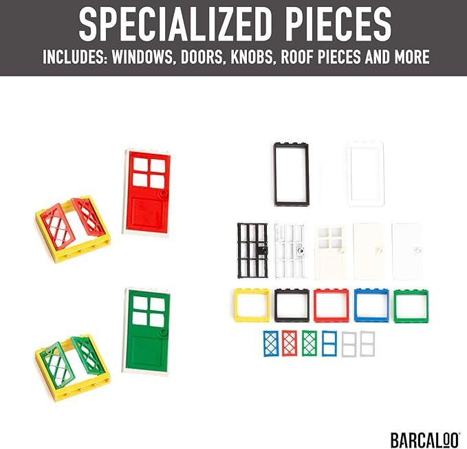 Barcaloo 200 Piece Windows, Doors, and Roof Tops Building Bricks Play Set, 7 Classic Colors, Includes Windows, Doors, and Roof Pieces, Classic Colors