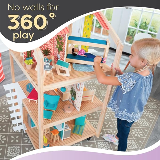 KidKraft So Stylish Mansion Wooden Mid-Century 360-Play Dollhouse with Wheeled Base and 42 Accessories, Gift for Ages 3+