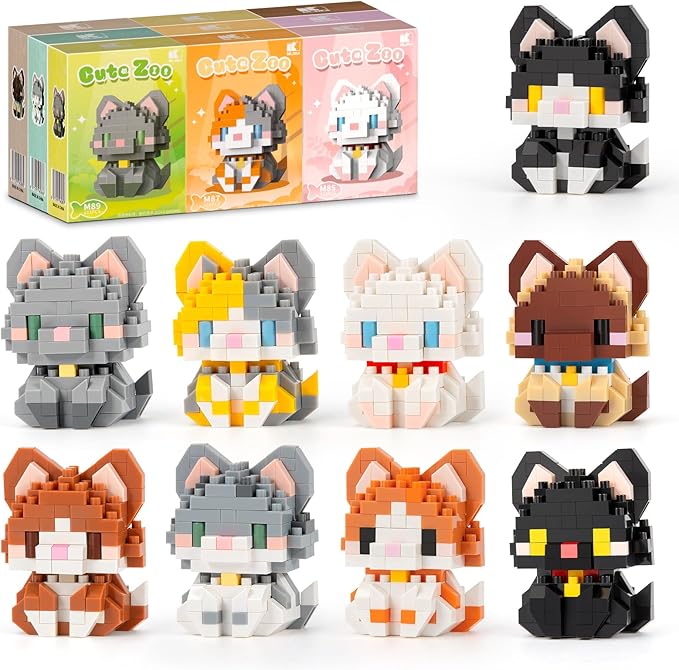 HIGH GODO Cat Building Set, Mini Cat Party Favors for Kids, 9 Pack Small Cats Toys Figurines, Animal Goodie Bag Stuffers, Gifts for Adults Kids Boys Girls Age 8+