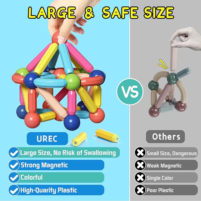 64Pcs Magnetic Building Blocks, Montessori Magnet Toys for Toddlers, STEM Learning Toys for Boys and Girls, Creativity Kids Games, ABS Material, Non-Toxic, Ages 3+, MGB-64