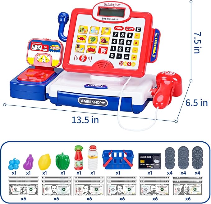 FS Toy Cash Register for Kids with Scanner, Play Money, Credit Card, Shopping Basket, Pretend Play Toys for Toddler 3-5-7 Years Old Boys and Girls Preschool Learning Activities, 57 Pieces Play Set