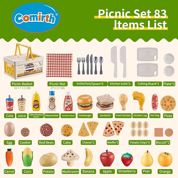 Play Food Sets for Kids Kitchen, Wheat Straw Pretend Food Toys with Kids Picnic Basket and Picnic Blanket, Cutting Toy Food, Fake Food with Pizza Toy, Play Kitchen Accessories, STEM Gift for Boy Girl
