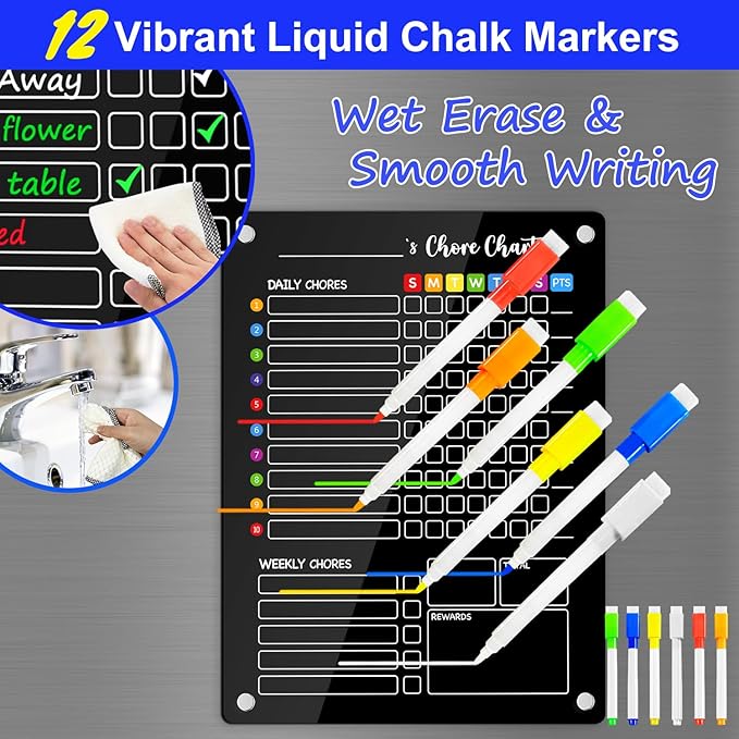 PigPotParty Black Acrylic Magnetic Chore Chart for Kids, 12"x16" Reward Responsibility Chart, 1 Pcs Daily Weekly Dry Erase Fridge Chore Board Checklist for Teens Adult, w/ 12 Markers & Towel