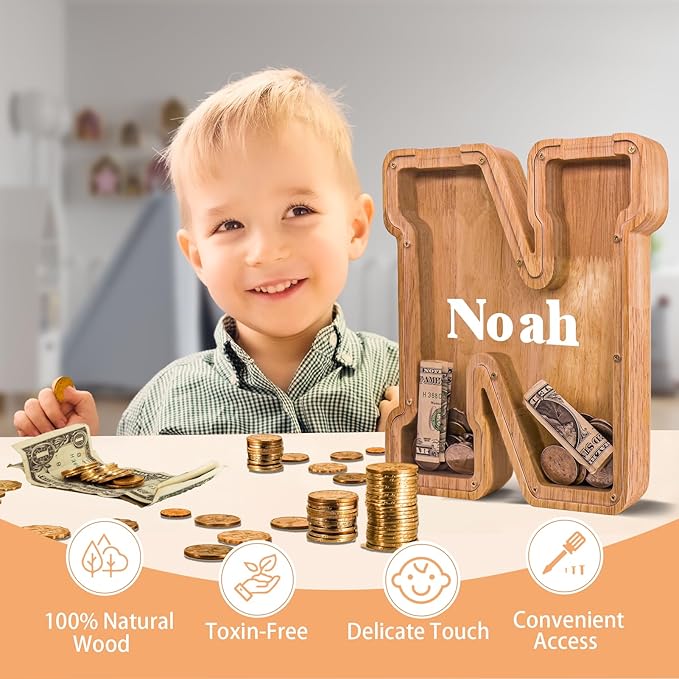 Wooden Letter Piggy Bank for Kids Larger Letter Piggy Bank for Boys and Girls Personalized Piggy Bank Initial Coin Bank Wood Kids Money Bank for Birthday and Festival