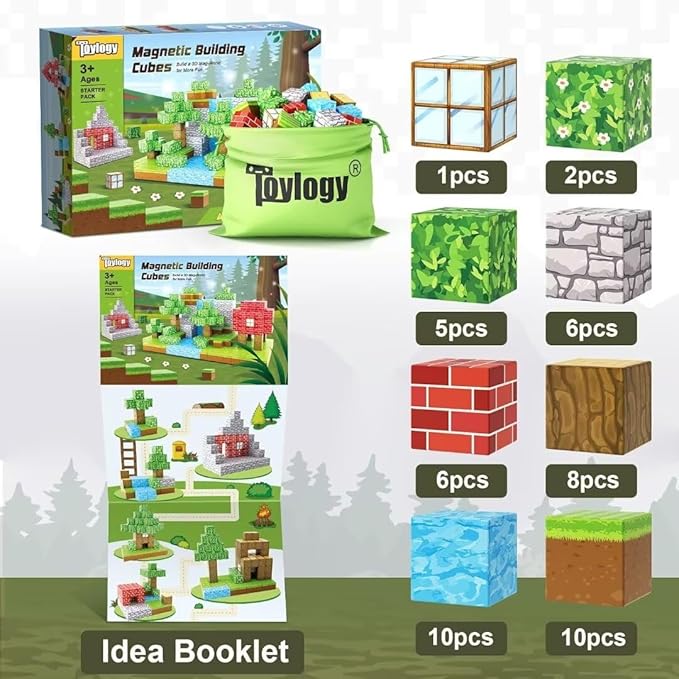Magnetic Blocks-Build Mine Magnet World Edition, Magnetic Toys for Boys & Girls Age 3-4 4-5 6-8,STEM Montessori Sensory Toys for Toddlers Gifts for 3+ Years Old,48PCS Fidget 1" Cubes Construction Toy