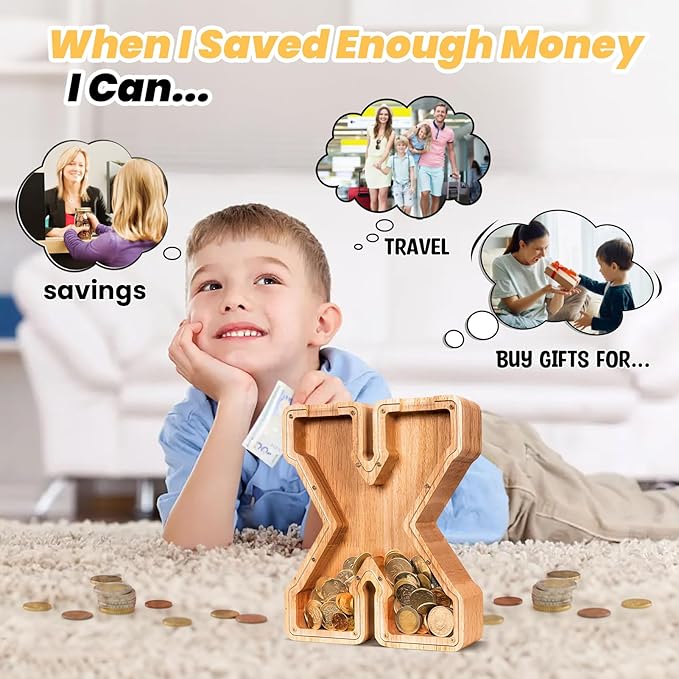 KMC Wooden Letter Piggy Bank, Personalized Initial Piggy Bank for Kids Boys, Clear Alphabet X Wood Money Box, Unbreakable Coin Saving Jar, Birthday, for Children
