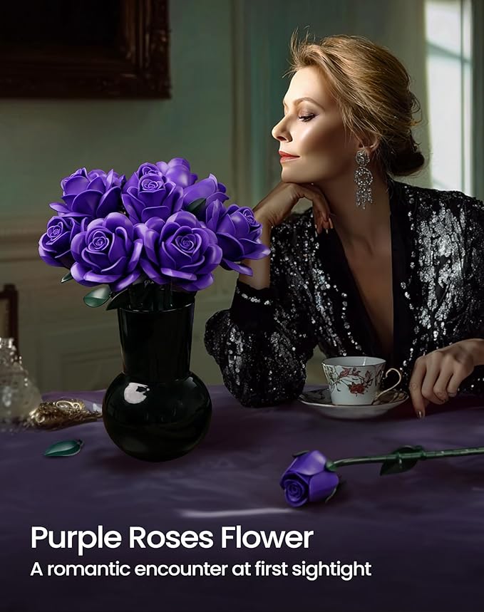 iATOM Purple Rose Bouquet Building Set, Artificial Flowers Botanical Collection for Adults Women, Gift for Halloween & Valentines Day - Gothic Home Office Table Centerpiece Decor - IA11017