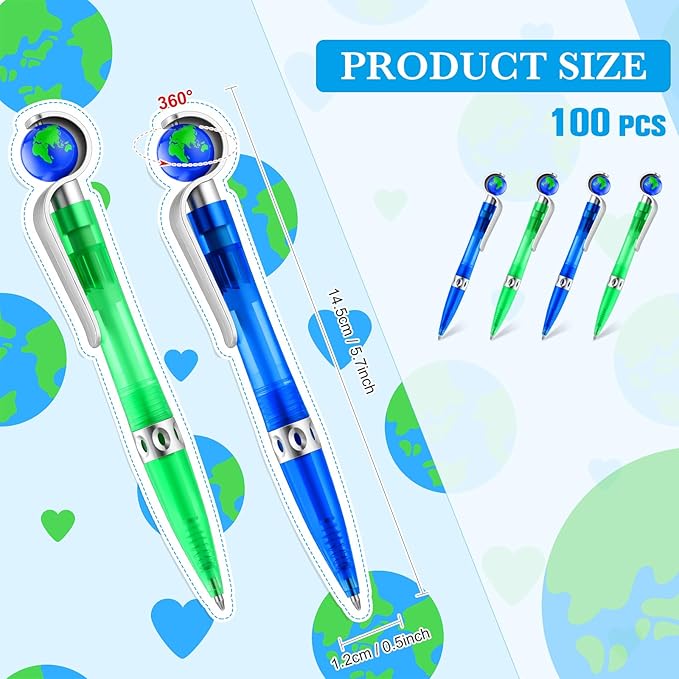 Teling 100 Pcs Earth Retractable Cute Globe Pens Bulk 1.0 mm Tellurion Shape Earth Day Black Ink World Ballpoint Pens for Adults Accessories Office Decoration Supplies