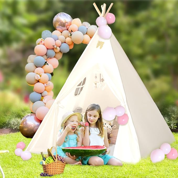 Sumbababy Kids Teepee Tent - Natural Canvas Playhouse with Fringe, Washable Fabric, Tipi Sleepover Tent, Includes Carry Bag, Lights & Colorful Flags - Perfect for Indoor & Outdoor Fun