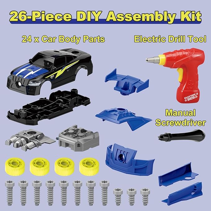 Take Apart Toy Racing Car for Kids Age 3+ Year Old, 2 in 1 Build Your Own Car with Realistic Sounds & Lights, Construction Vehicle Toys with Electric Drill, Ideal Gitfs for Boys(4 Spare Screws)