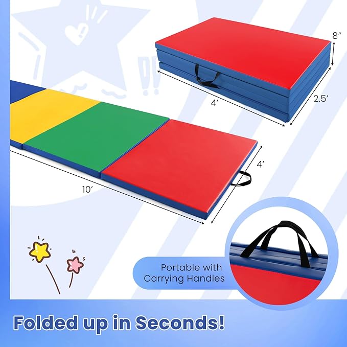 Giantex 4'x10'x 2" Gymnastics Mat, 4-Panel Folding Aerobics Exercise Mat w/Hook & Loop Fastener, Carrying Handle, Portable Tumbling Mat for Stretching Yoga Cheerleading Martial Arts